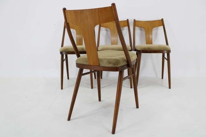 1950s Set Of Four Restored Dining Chairs In Walnut, Czechoslovakia photo buy