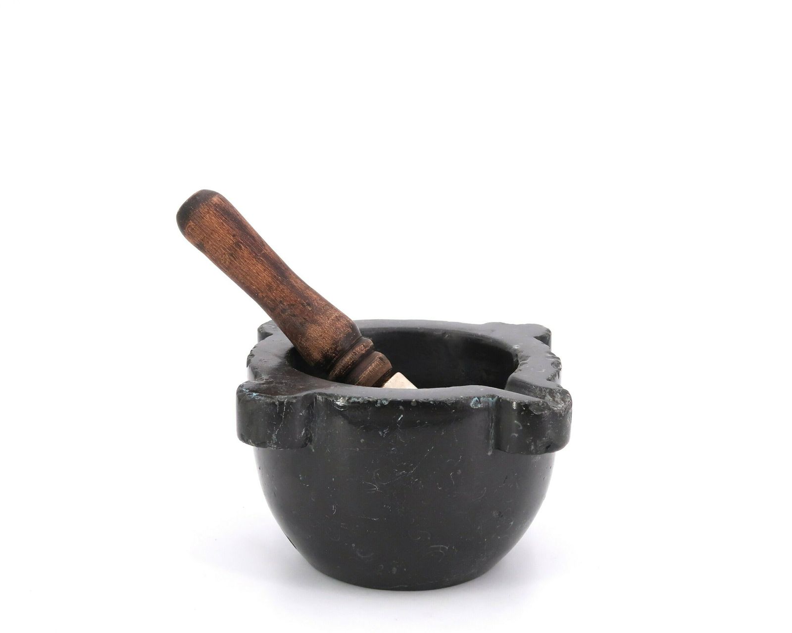 French Black Marble Mortar, Wood And Porcelain Pestle, XIX Century / Wabi Sabi Rustic Kitchen Grey Country Boho Chic Folk