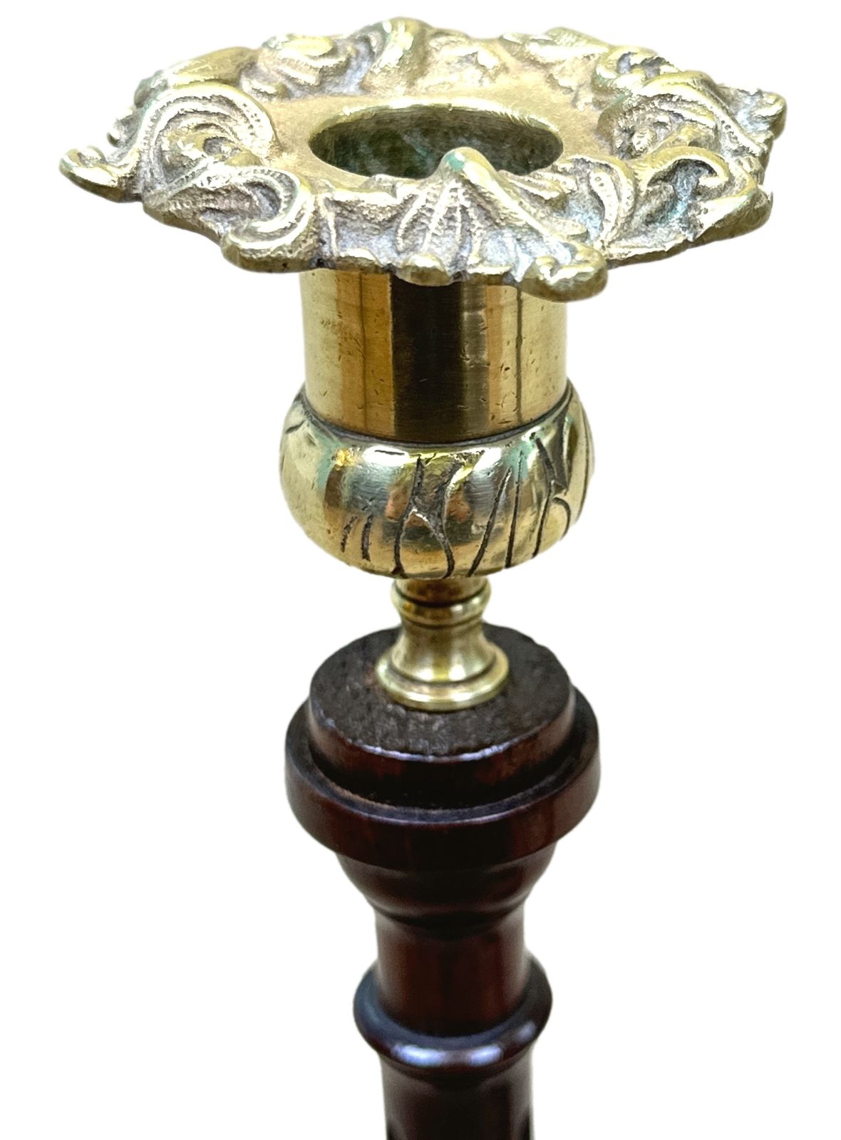 Late 19th Century Mahogany & Brass Candlesticks (England, Circa 1890) photo for sale