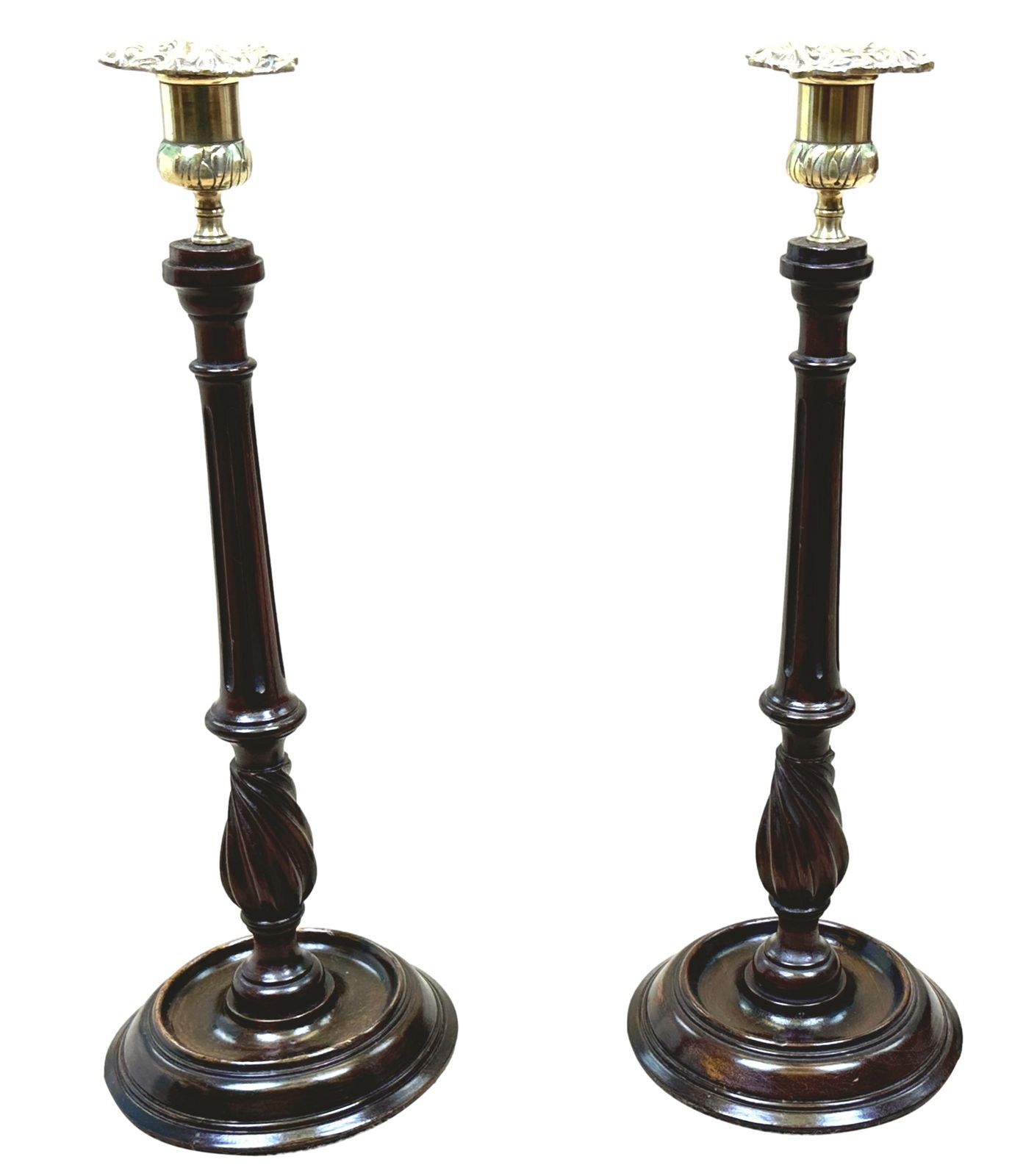 Late 19th Century Mahogany & Brass Candlesticks (England, Circa 1890) photo Home Decor