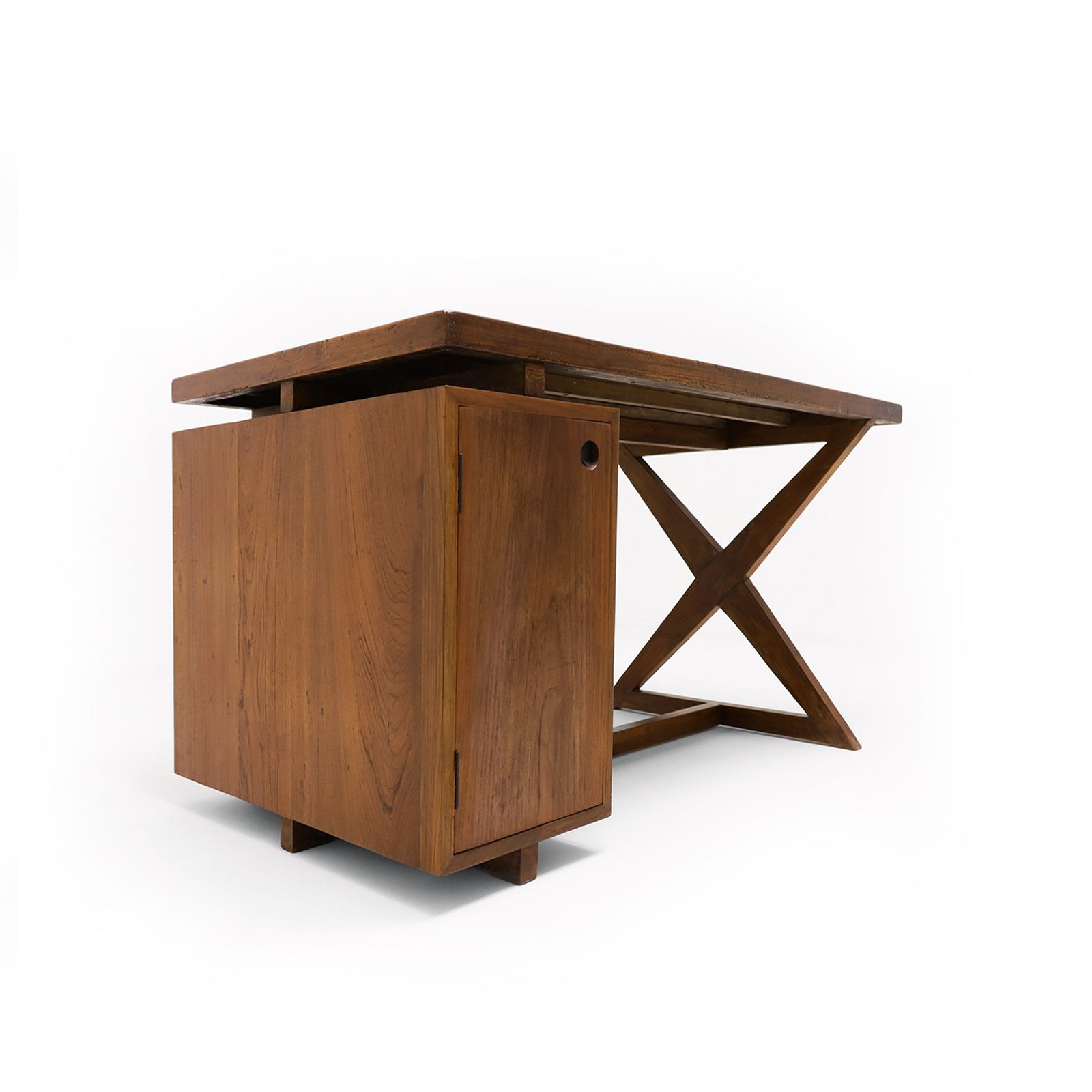 Original Pierre Jeanneret Office Set Featuring A Teak And Leather X Frame Desk Matched To A Model Pj Si 30a Committee Chair, Chandigarh, India, 1960s photo buy