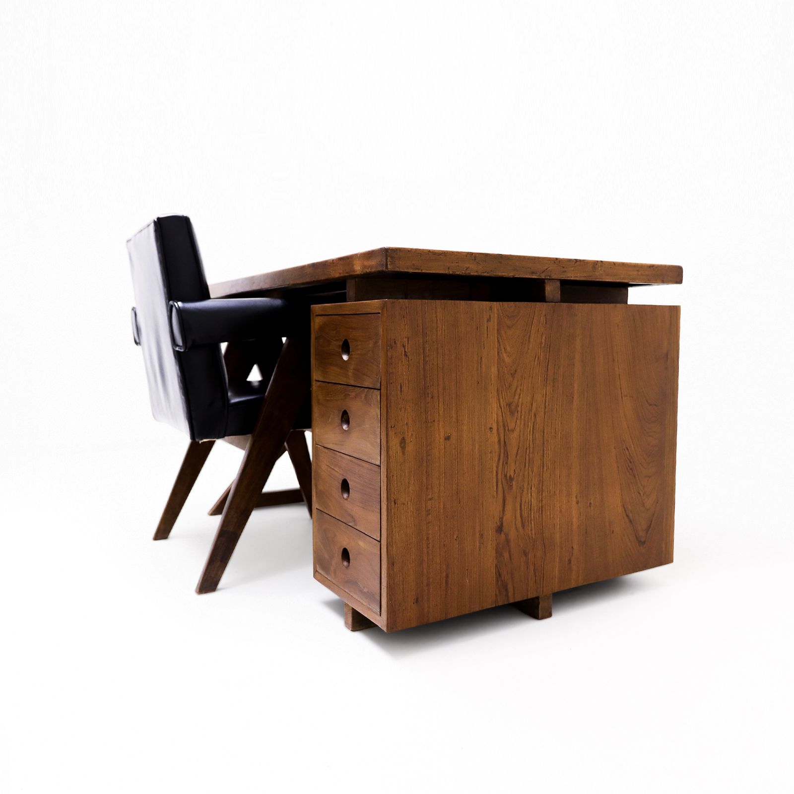 Original Pierre Jeanneret Office Set Featuring A Teak And Leather X Frame Desk Matched To A Model Pj Si 30a Committee Chair, Chandigarh, India, 1960s photo for sale