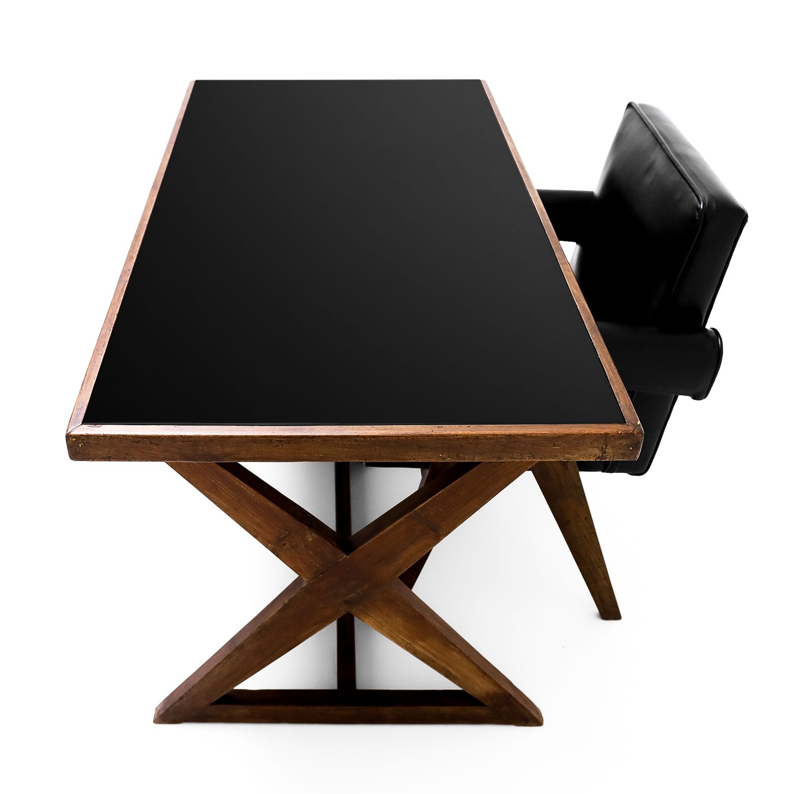 Original Pierre Jeanneret Office Set Featuring A Teak And Leather X Frame Desk Matched To A Model Pj Si 30a Committee Chair, Chandigarh, India, 1960s photo vinterior