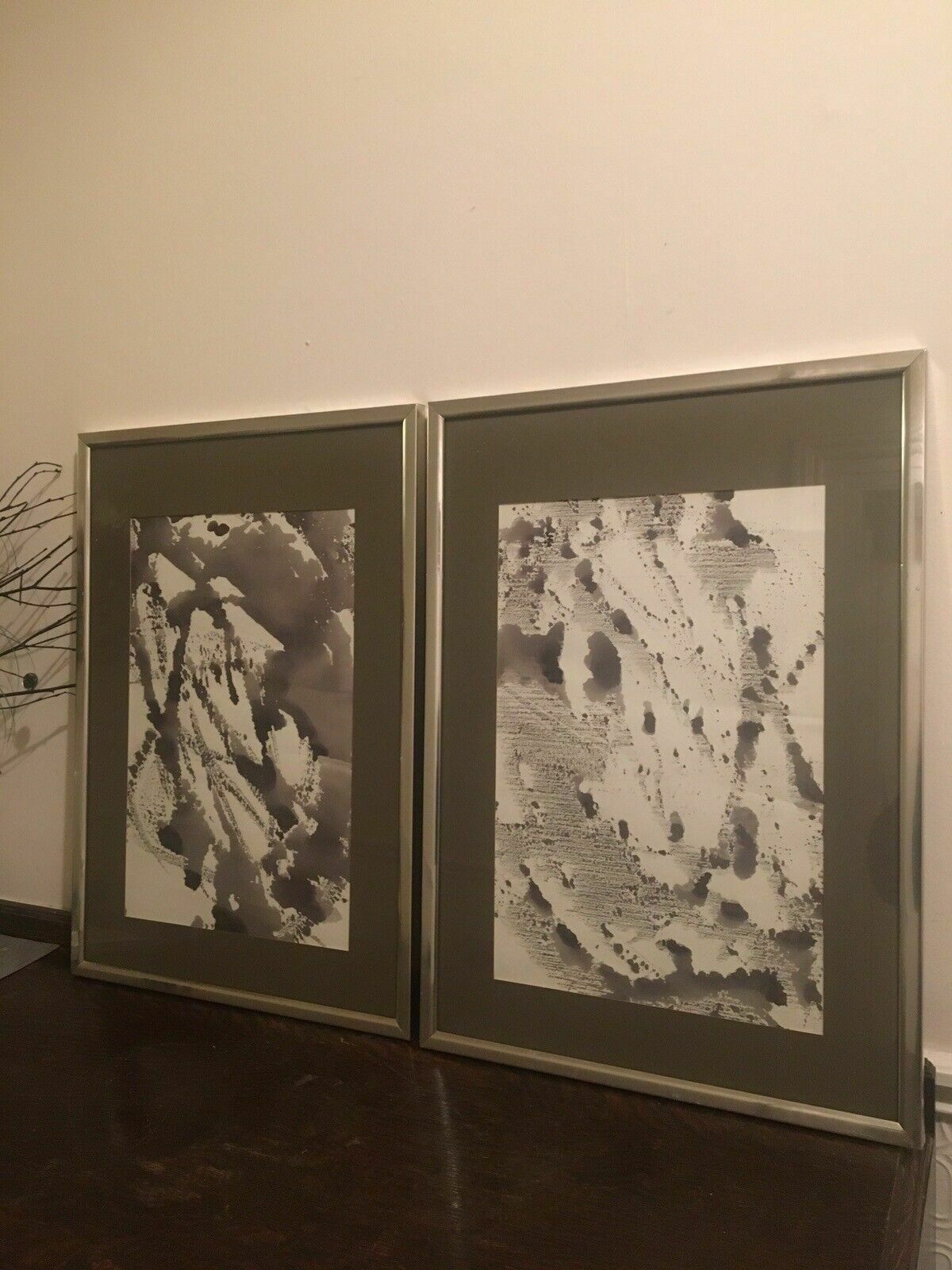 2x Original Indian Ink Minimalist Paintings On Paper Aluminium Frames 1960s 80s photo vintage