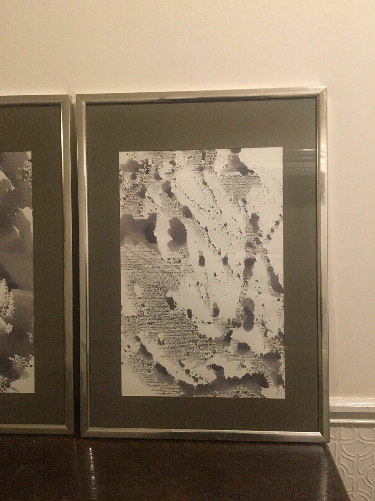 photo furniture 2x Original Indian Ink Minimalist Paintings On Paper Aluminium Frames 1960s 80s