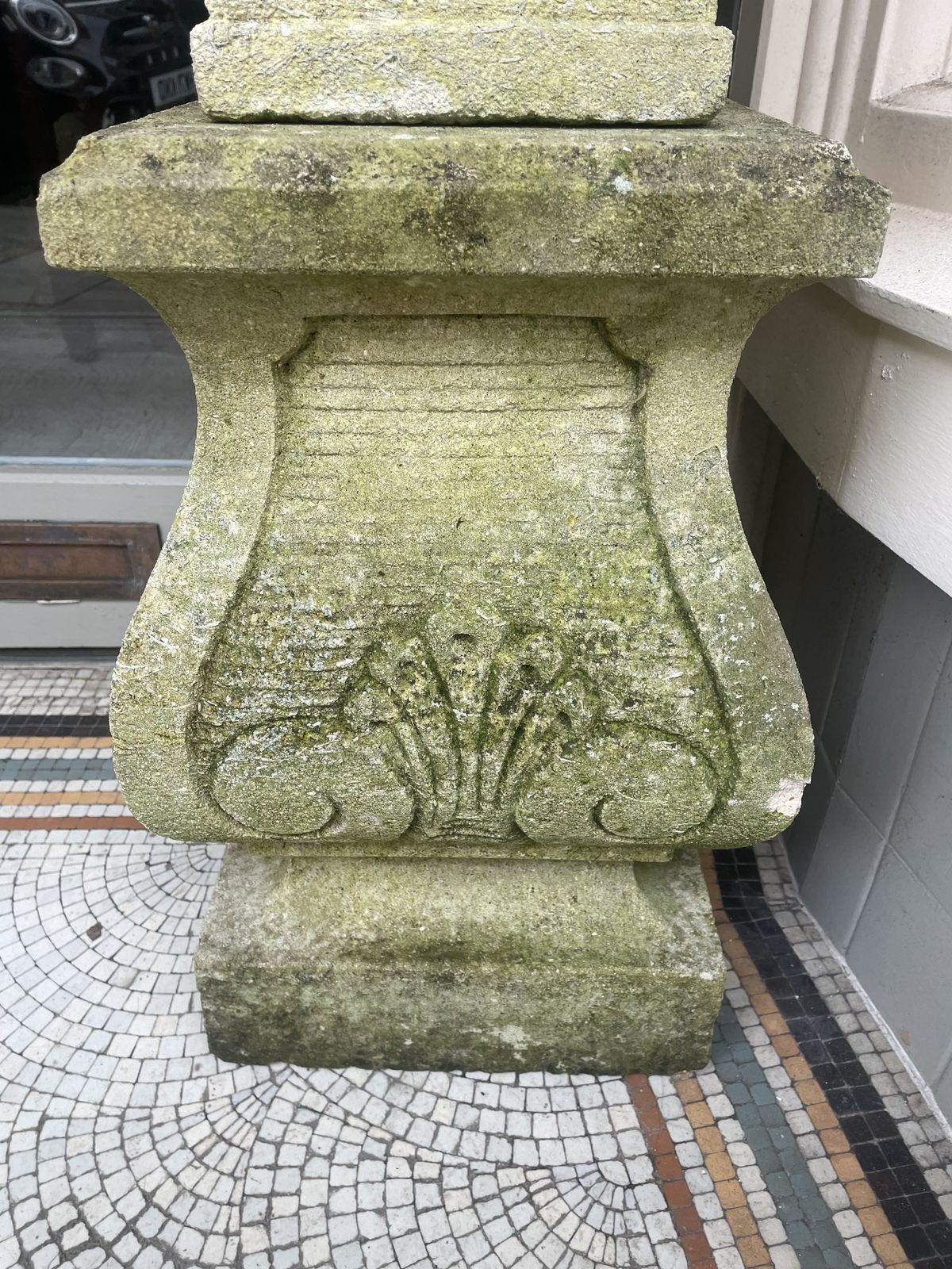 Large Pair Of Antique Hand Carved Stone Fruit Basket Urns  On Their Original Decorative Solid Stone Plinths photo furniture