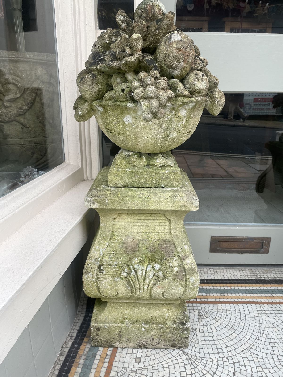 Large Pair Of Antique Hand Carved Stone Fruit Basket Urns  On Their Original Decorative Solid Stone Plinths photo 2650.0