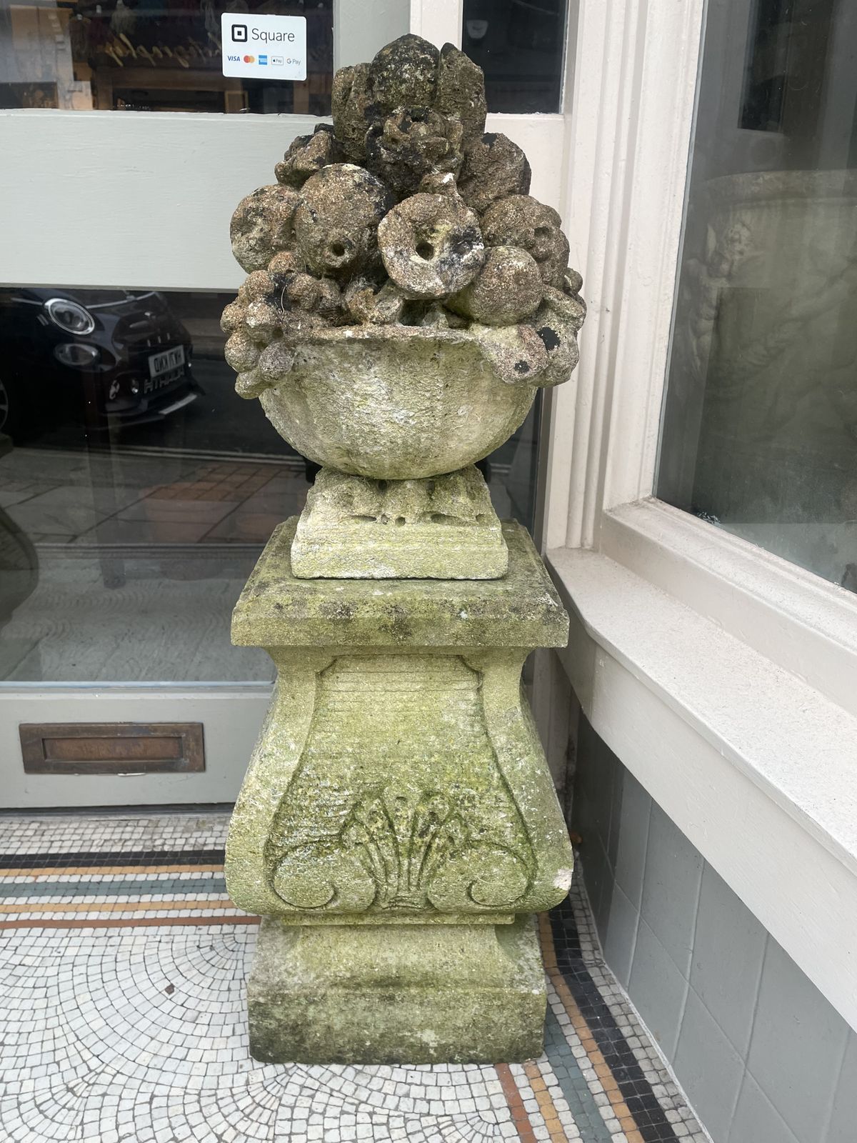 Large Pair Of Antique Hand Carved Stone Fruit Basket Urns  On Their Original Decorative Solid Stone Plinths photo vinterior