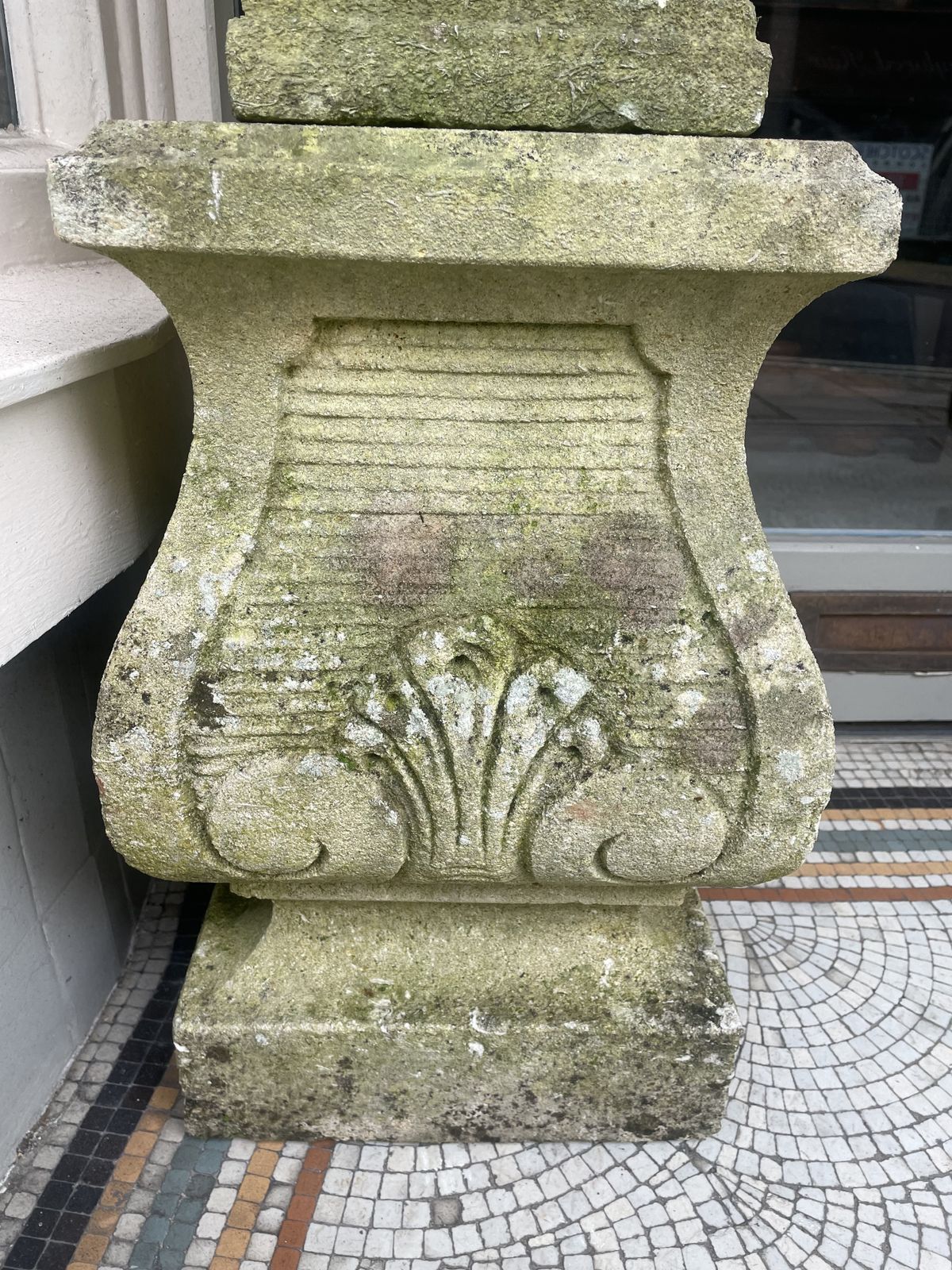 Large Pair Of Antique Hand Carved Stone Fruit Basket Urns  On Their Original Decorative Solid Stone Plinths photo vintage