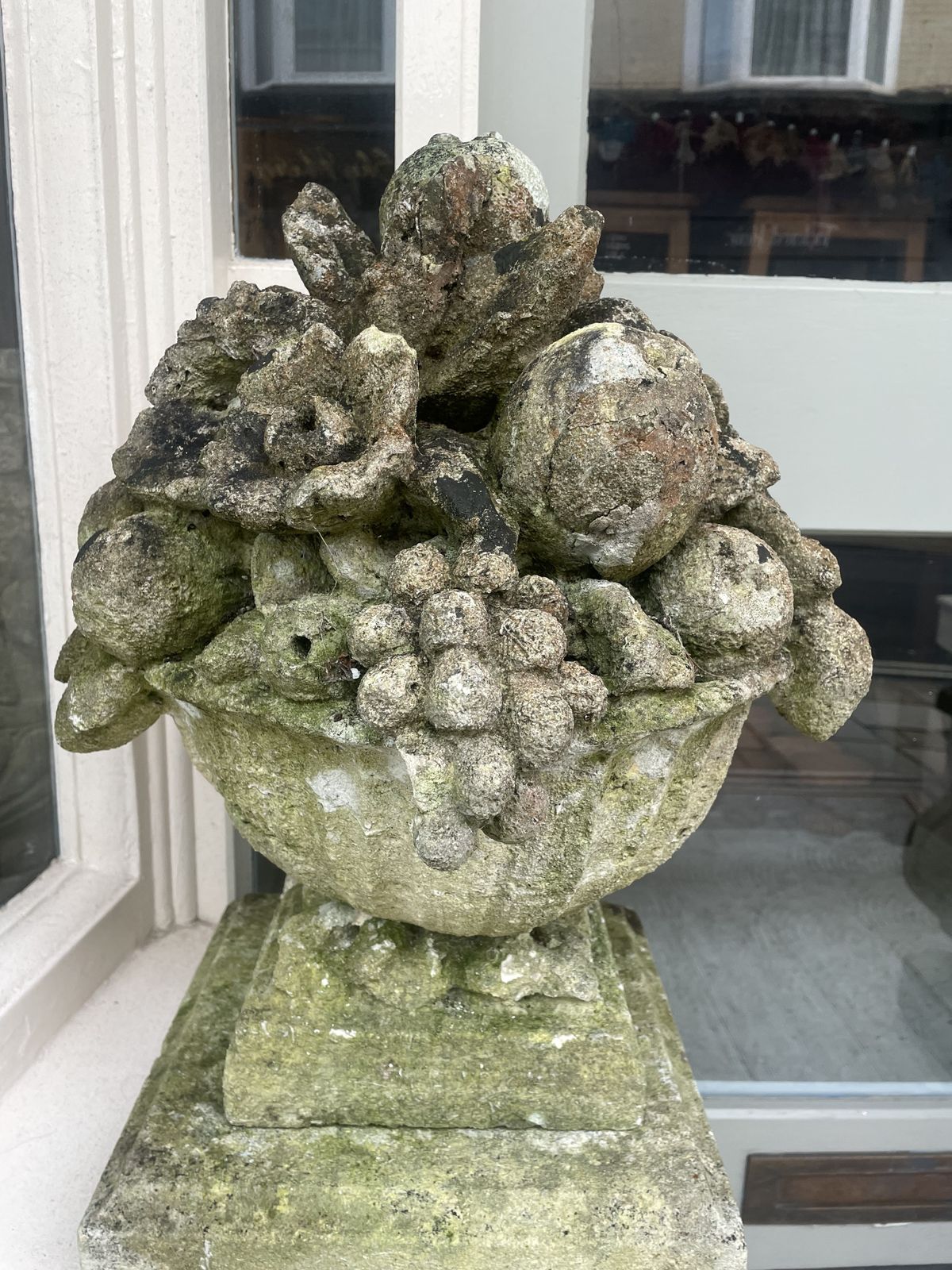 Garden Decor Large Pair Of Antique Hand Carved Stone Fruit Basket Urns  On Their Original Decorative Solid Stone Plinths photo