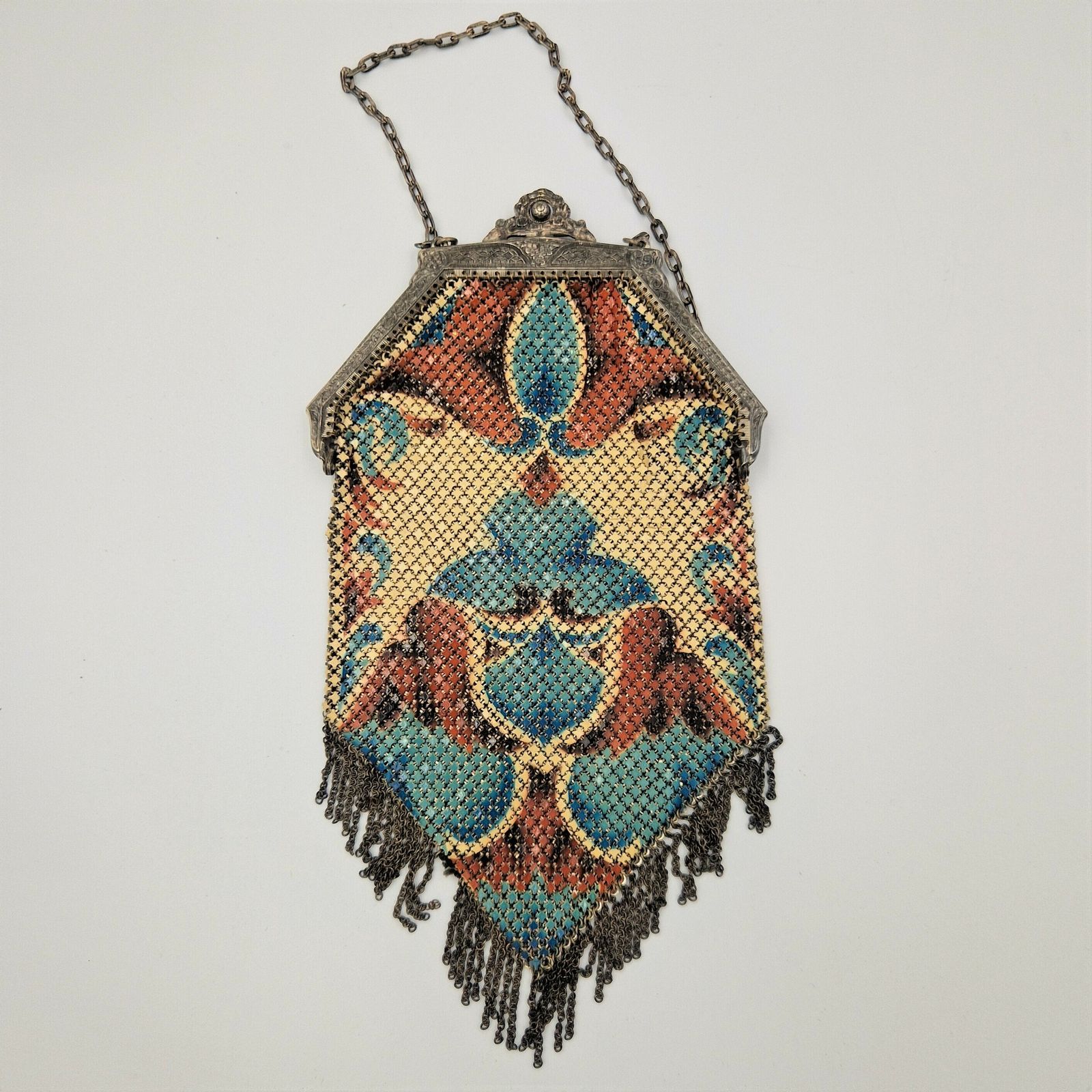 Silver Plated Art Deco Evening Bag With Enameled Floral Motif. 1930   1935
