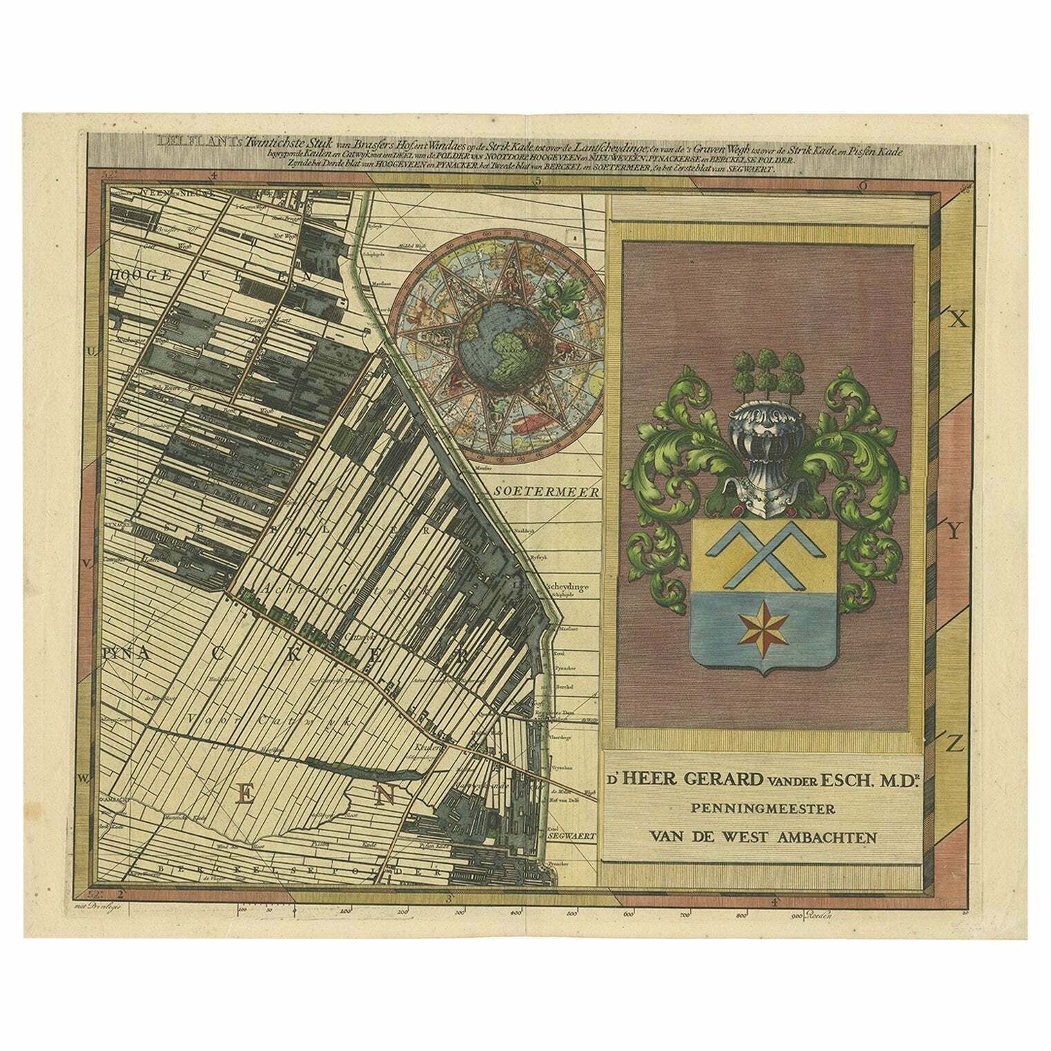 Large Antique Map Of Delfland By Cruquius, 1712