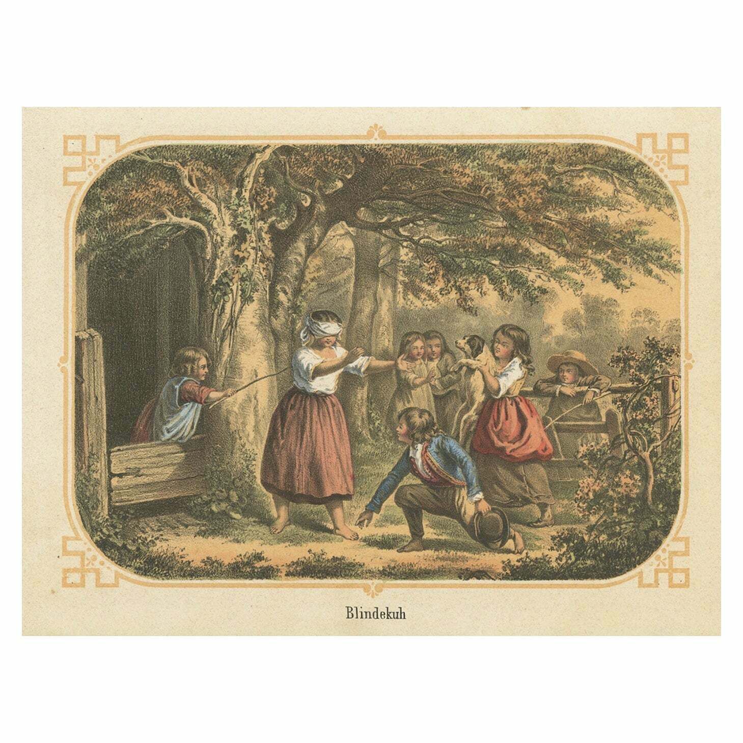 Antique Print Of Children Playing A Blindfold Game