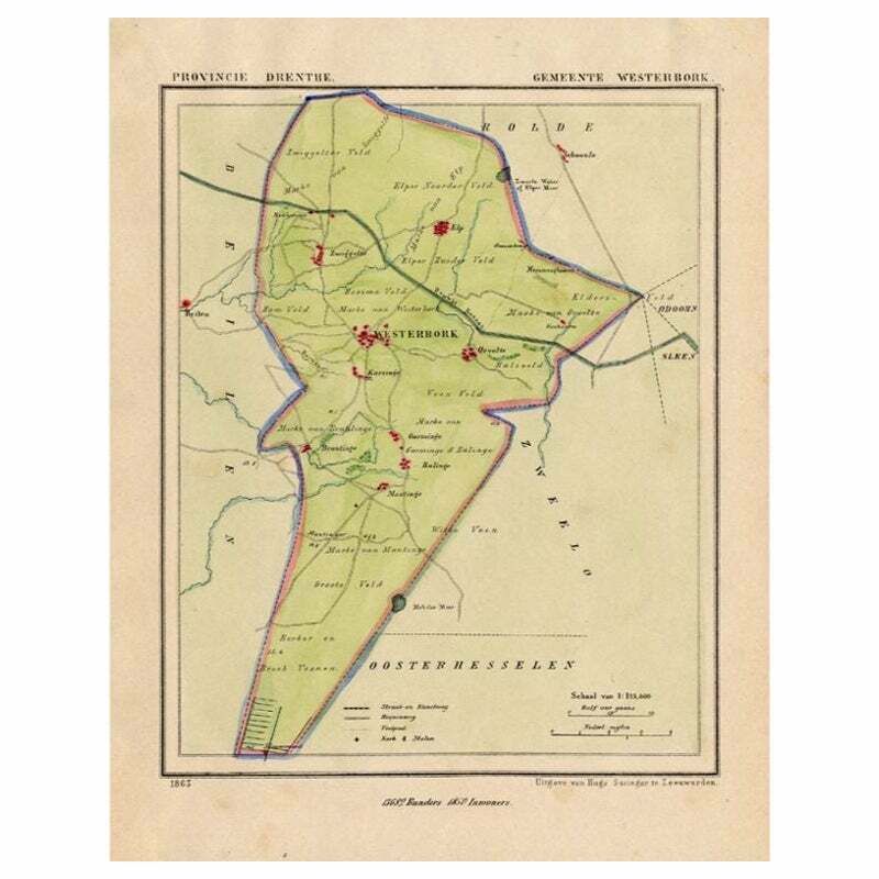 Antique Map Of The Township Of Westerbork, Drenthe In The Netherlands, 1865