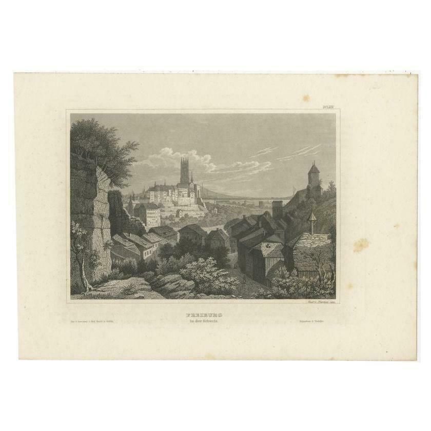 Antique Print Of The City Of Fribourg In Swiss, Circa 1860