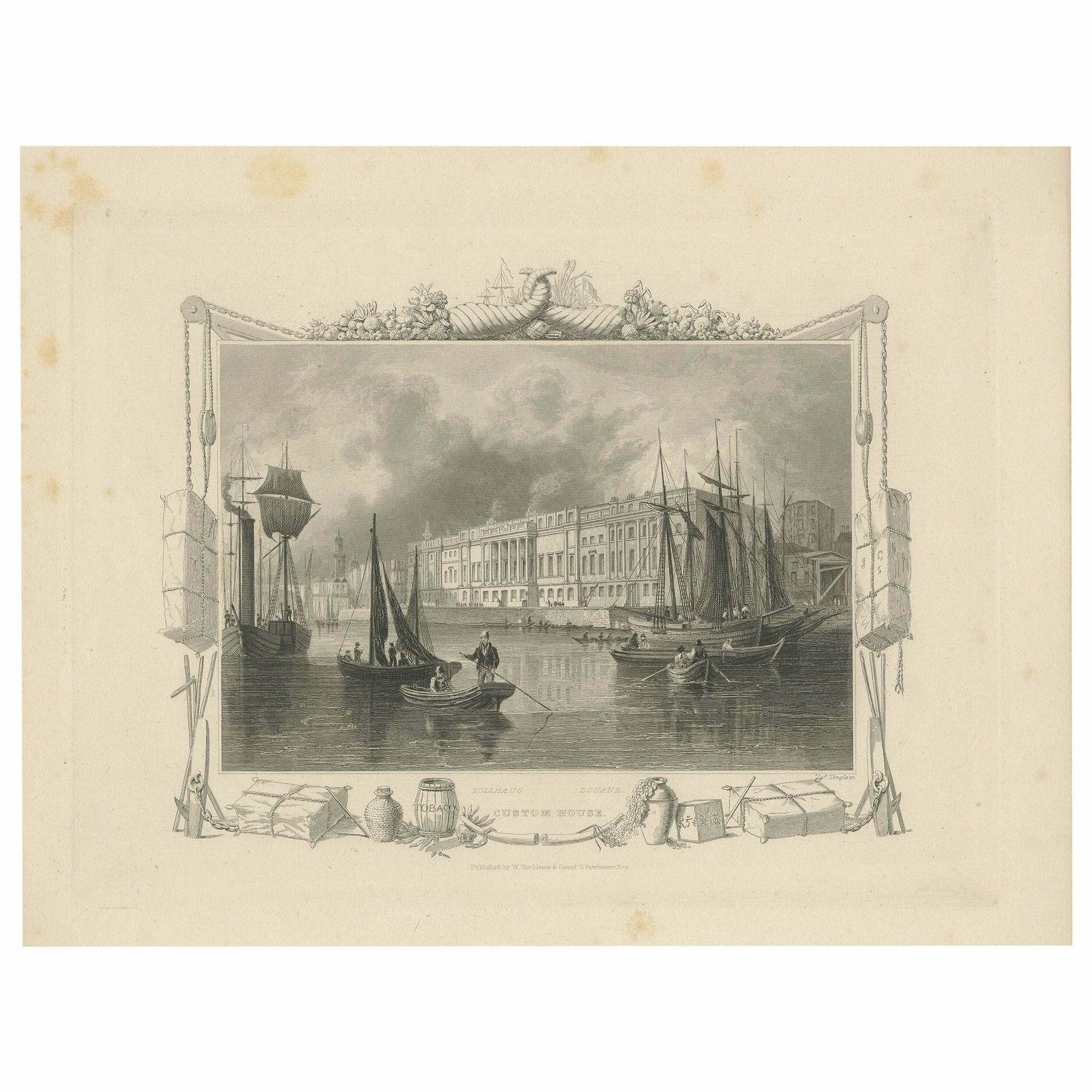 Antique Print Of The Custom House By Tombleson, Circa 1834