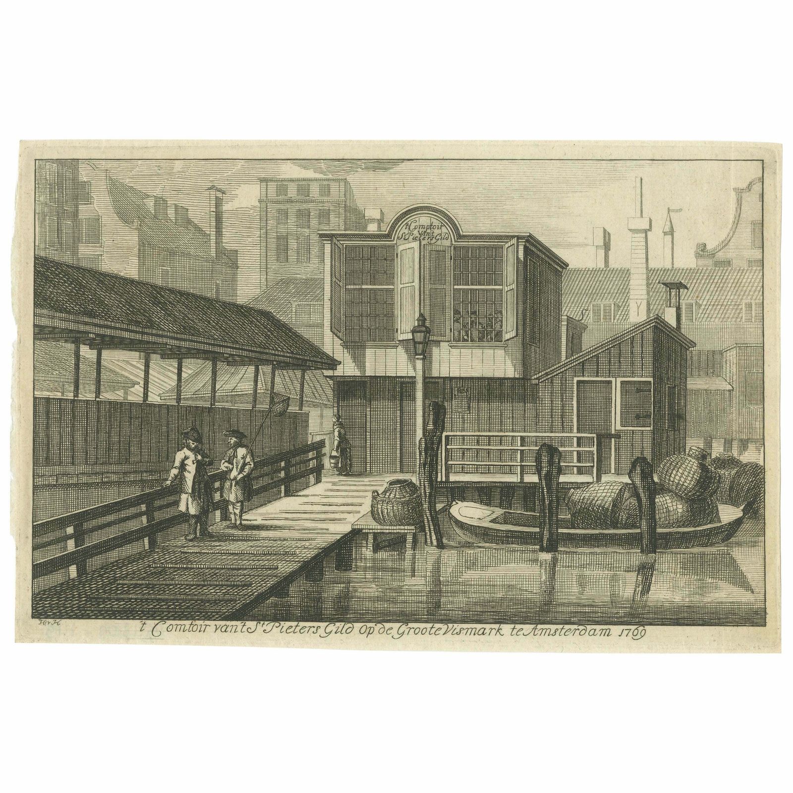 Antique Print Of The 'Damrak' Near The Fish Market In Amsterdam, Circa 1770