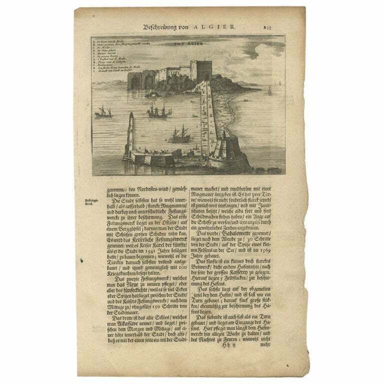 Antique Print Of The Gates And Castle Of Algiers By Dapper, 1670