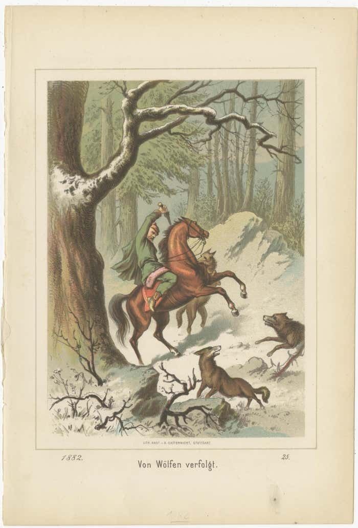 Antique Print Of A Man On A Horse Chased By Wolves photo furniture