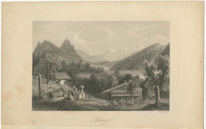Antique Print Of The City Of Schwyz, Schwitzerland photo furniture