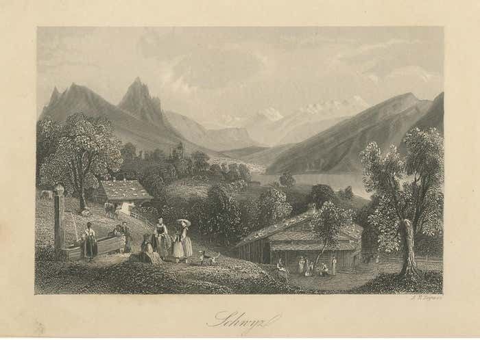 Antique Print Of The City Of Schwyz, Schwitzerland photo for sale