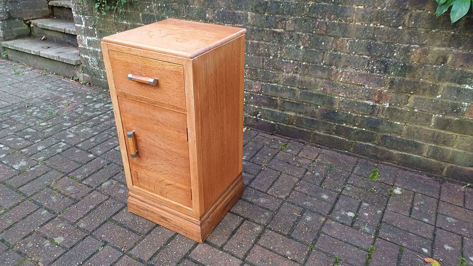 Vintage Retro Oak And Chrome Bedside Cupboard. photo furniture