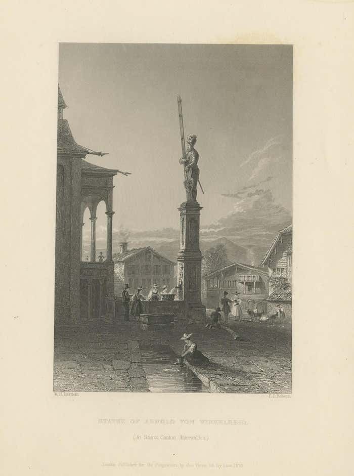 Antique Print Of The Statue Of Arnold Von Winkelreid In Stans Switzerland photo for sale