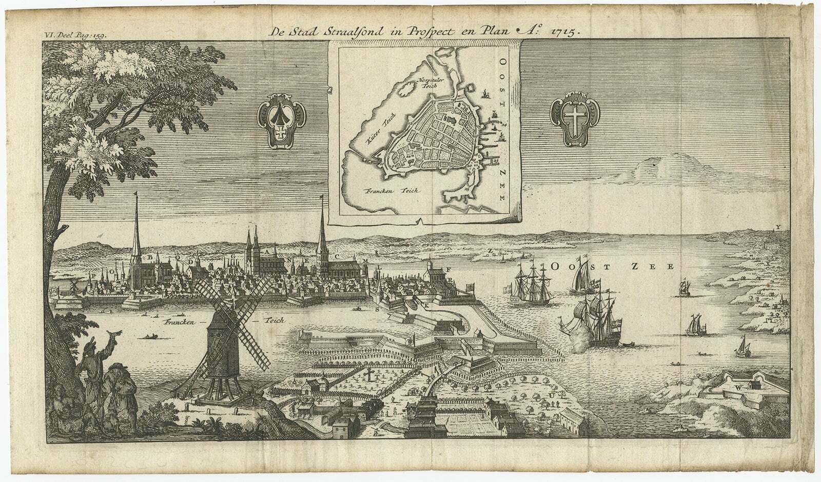 Antique Print Of The Fortress And City Of Stralsund In Germany, Circa 1715