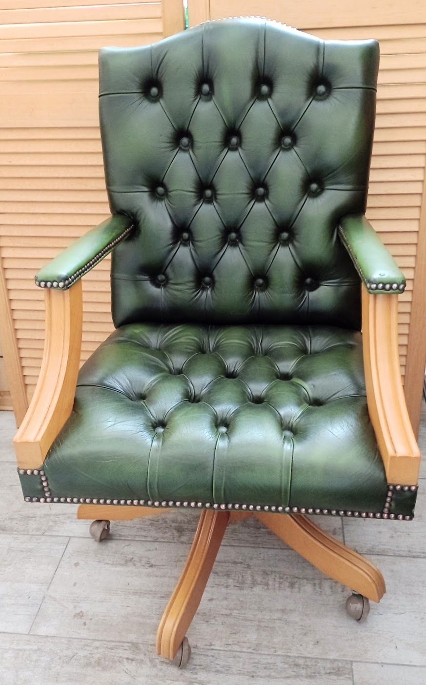 Vintage Green Leather Chesterfield Director, Captain Armchair