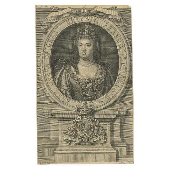 Original Antique Engraving Of Queen Anne, Circa 1710