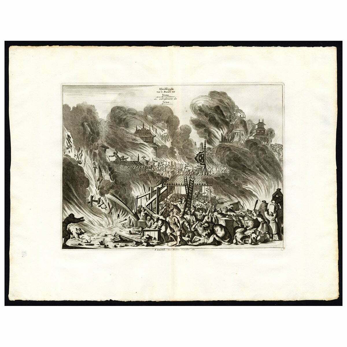 Antique Print Of The Fire In Edo By Van Der Aa, C.1725