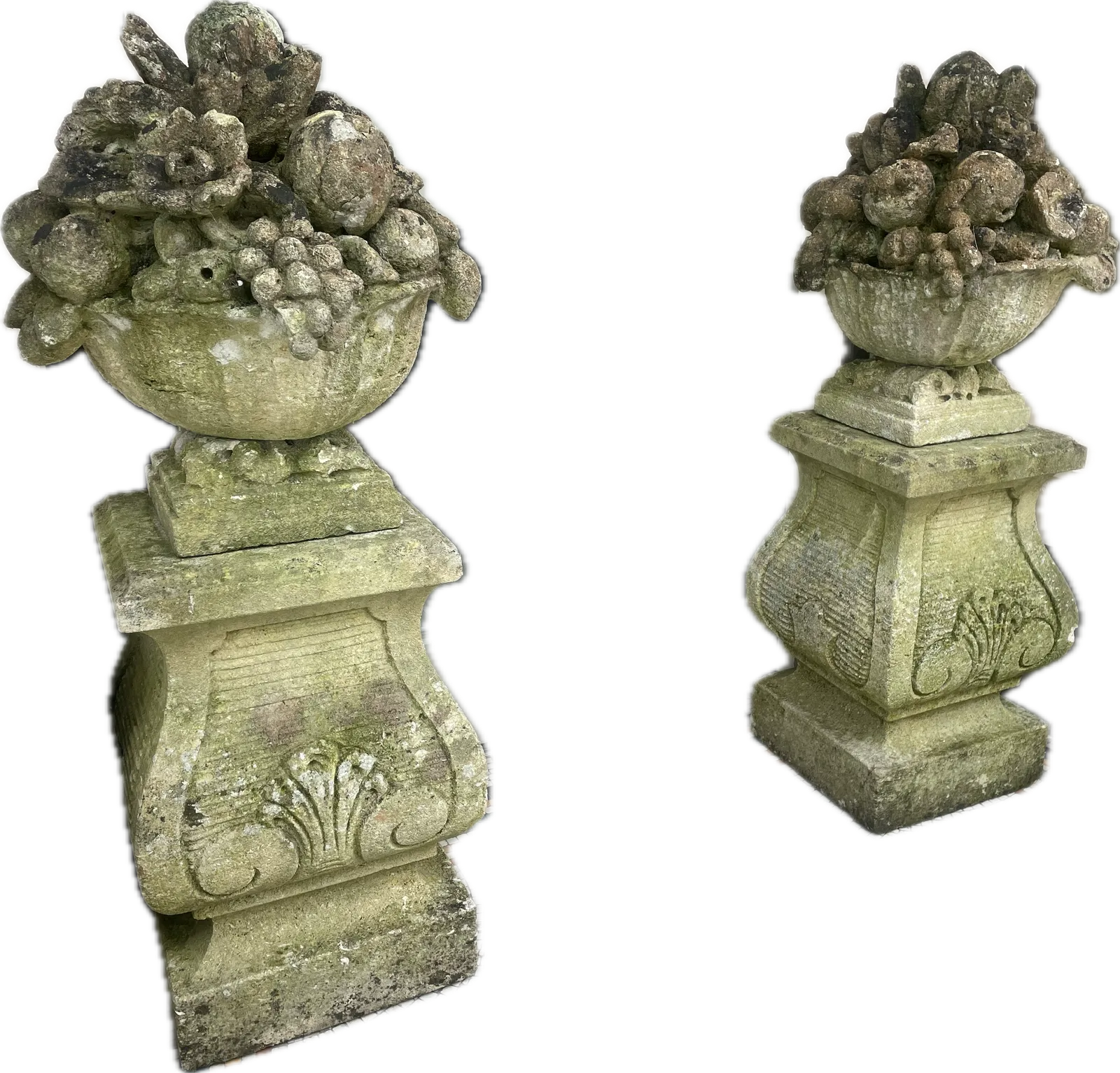 photo buy Large Pair Of Antique Hand Carved Stone Fruit Basket Urns  On Their Original Decorative Solid Stone Plinths
