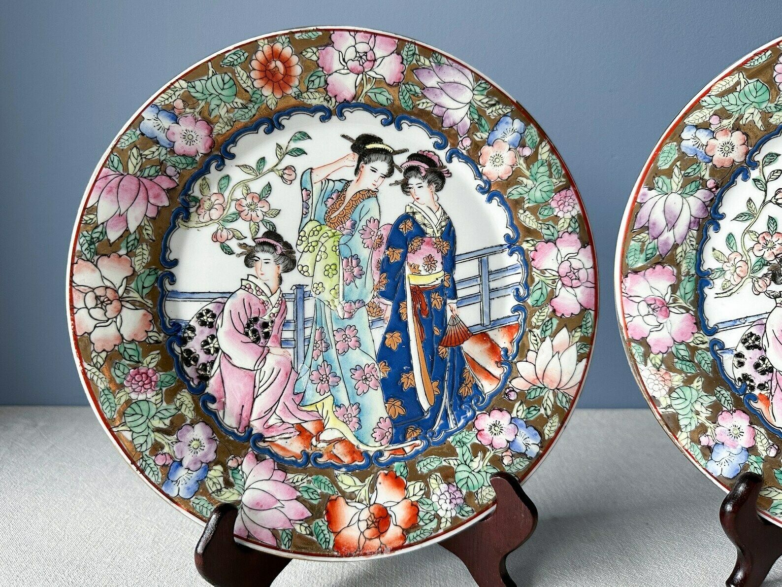 Vintage Pair Of Chinese Famille Rose Plates Mille Fleur Plates, Geisha Plates photo for sale