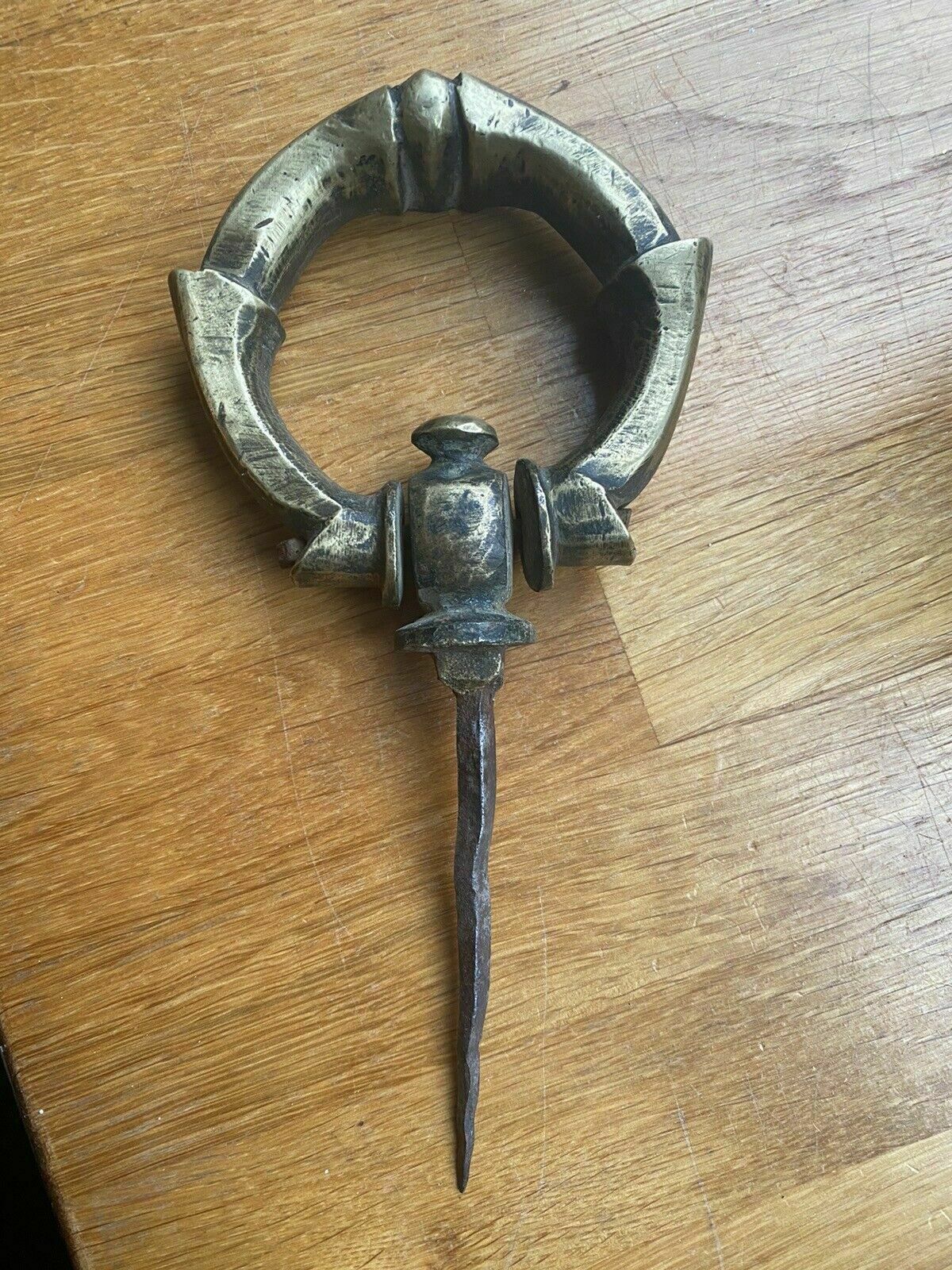 Very Rare Antique Brass Door Ring Pull Handle 1600s Period Reclaimed Spiked photo vinterior