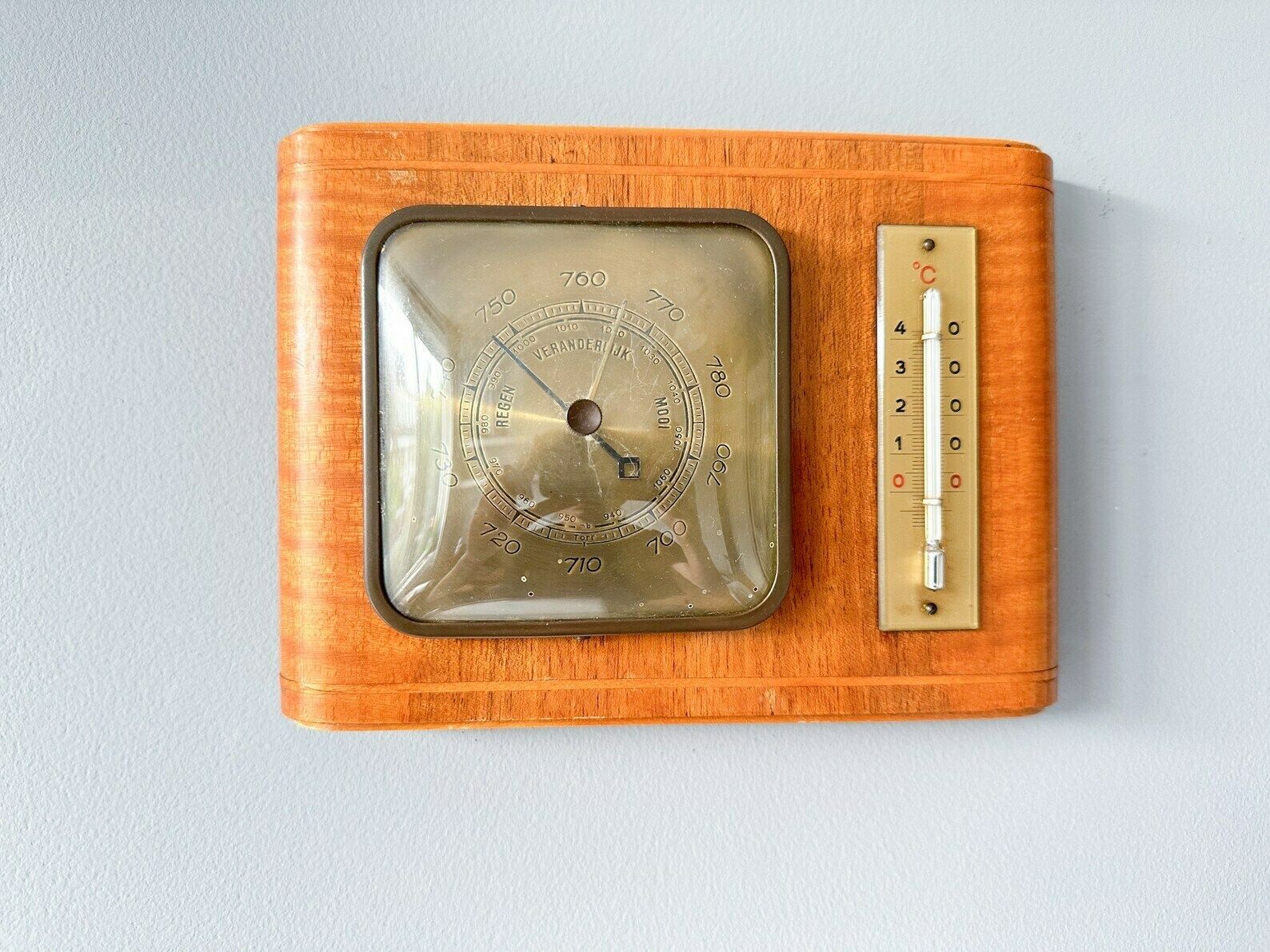Vintage Wooden Art Deco Weather Station, Barometer With Thermometer, Dutch Barometer