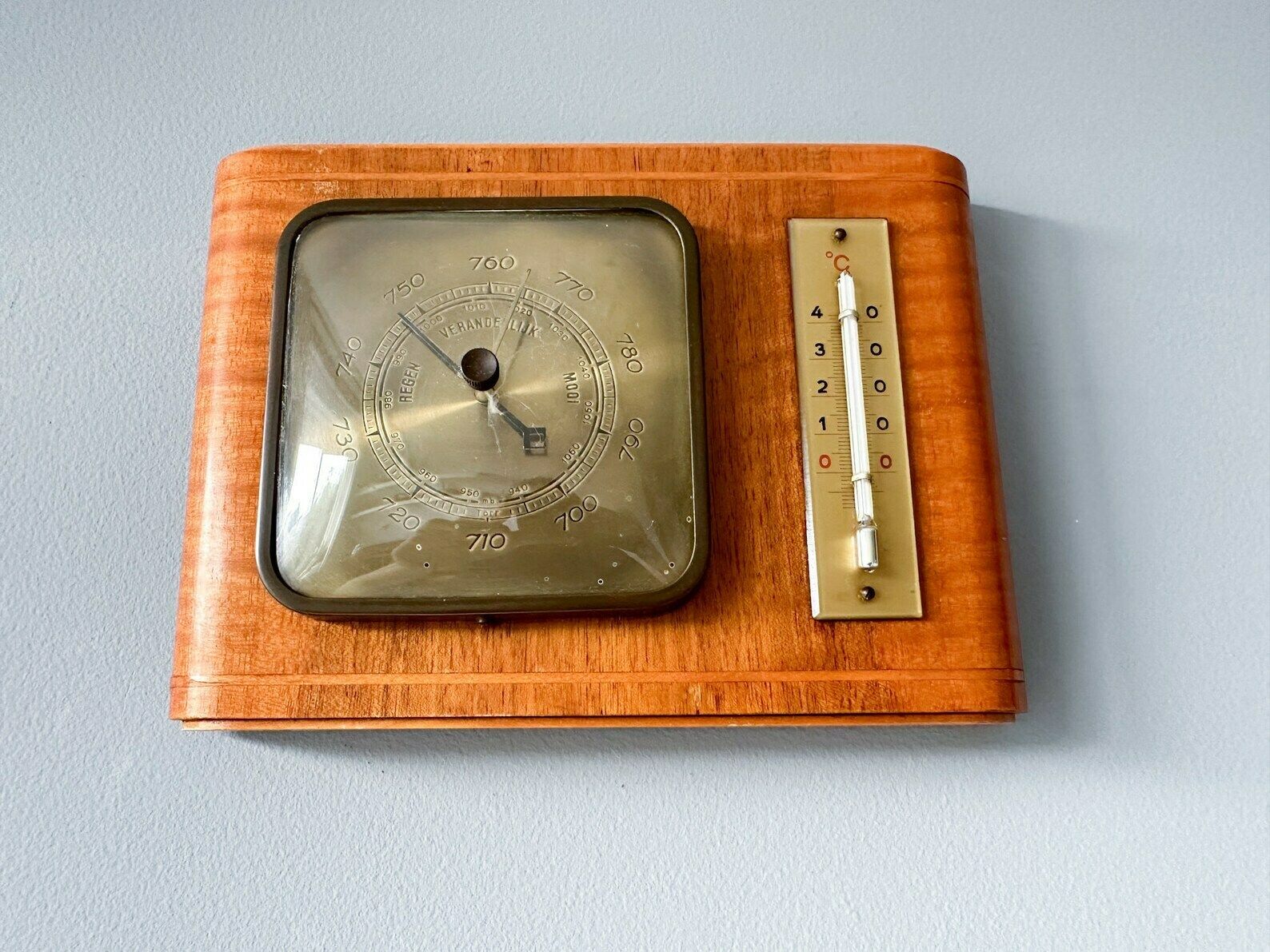 Vintage Wooden Art Deco Weather Station, Barometer With Thermometer, Dutch Barometer photo 64.0
