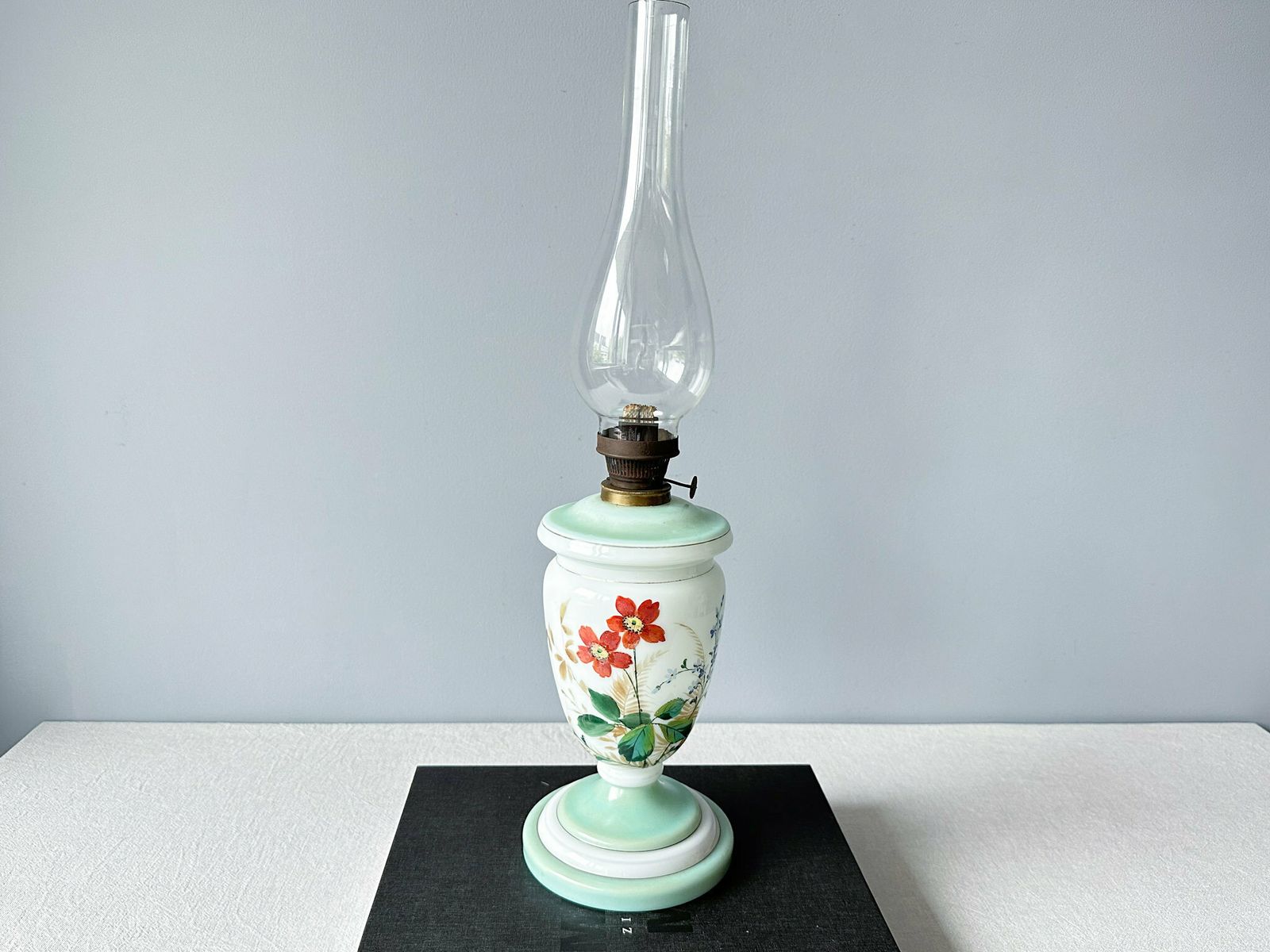 Antique Oil Lamp, Opaline Glass Hand Painted Oil Lamp, Holland, Oil Lamp Flower Decor