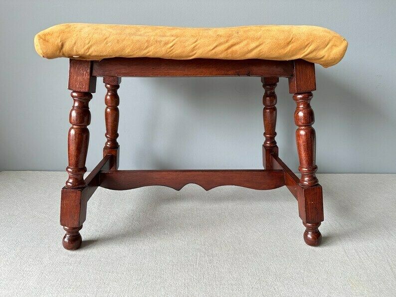 Vintage Dutch Carved Wood Stool With Leather Seat, Vintage Wooden Bench, Farmhouse Decor, Cottage Decor, Footstool photo Furniture