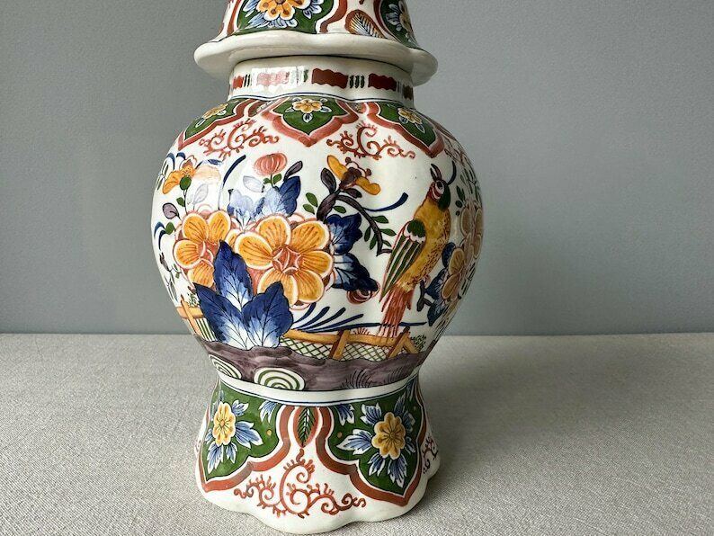 Antique Rare Delft Polychrome Hand Painted Lidded Vase, Delft Polychrome Ginger Jar, Delft Polychrome Urn photo 129.0