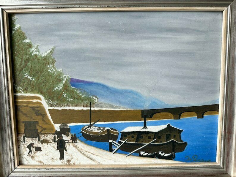 Vintage Original Acrylic Painting, 19" X 15", Landscape, Bridge And Boats photo furniture