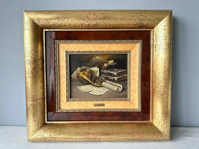 Unique Still Life Vintage Original Oil Painting By J.Ripoll, Still Life With Trumpet, Gilt Frame, 18" X 20", Gift For A Musician