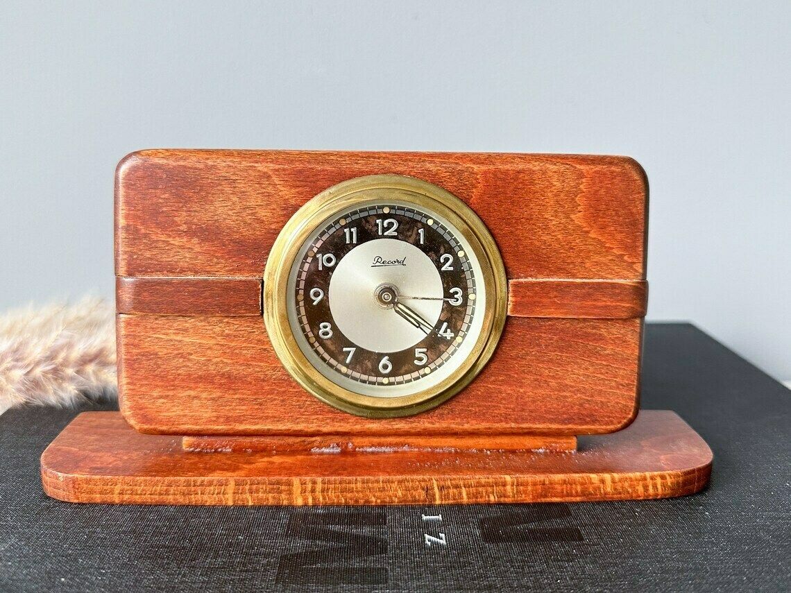 Vintage Wooden Desk Alarm Clock Record, Retro Mid Century Decor, Vintage Decor, Wind Up Clock