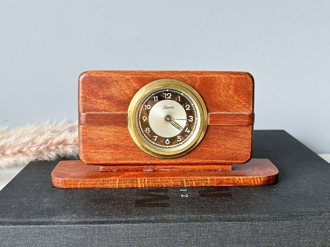 Vintage Wooden Desk Alarm Clock Record, Retro Mid Century Decor, Vintage Decor, Wind Up Clock photo furniture