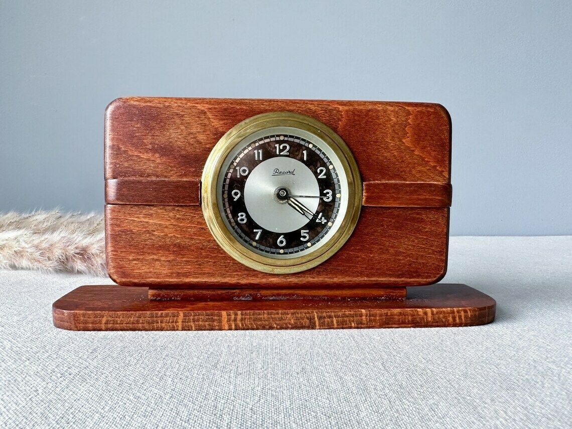photo furniture Vintage Wooden Desk Alarm Clock Record, Retro Mid Century Decor, Vintage Decor, Wind Up Clock