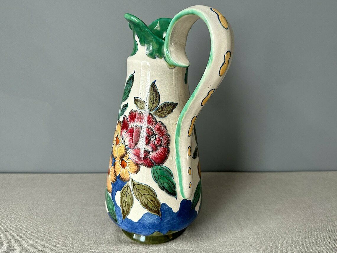 Vintage Large Hand Painted Jug/Pitcher Vase By Pzh   Plateelbakkerij Zuid Holland, Plomia Series photo 106.0