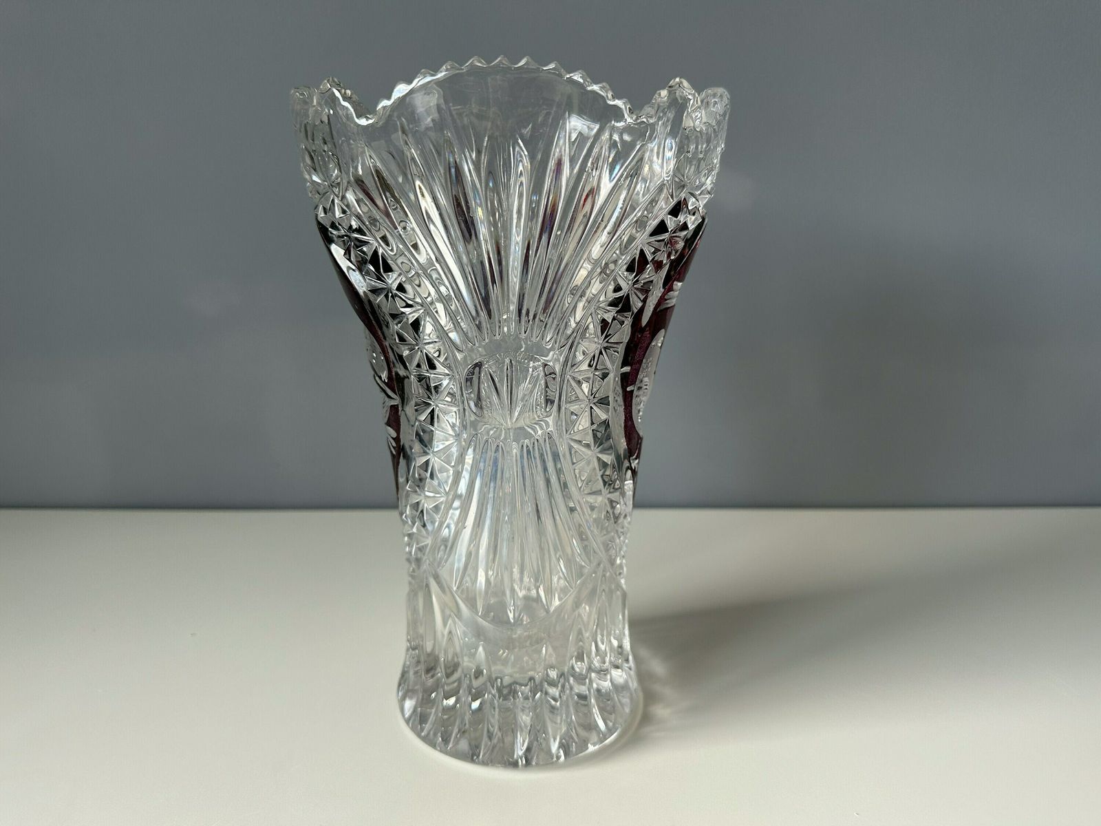 Vintage Flower Vase Birds Collection, The Ruby By Hofbauer, German Lead Glass Vase photo buy
