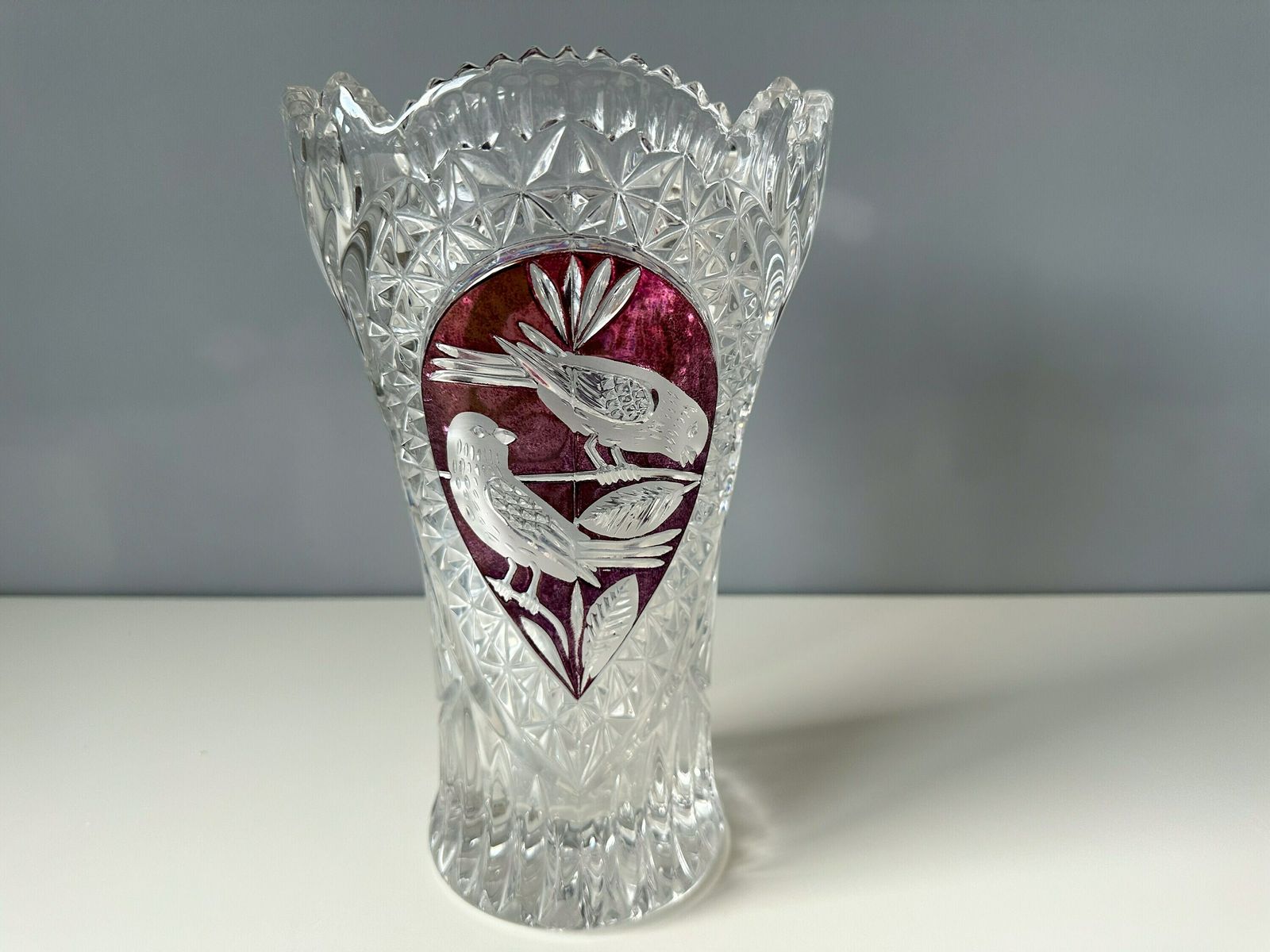 Vintage Flower Vase Birds Collection, The Ruby By Hofbauer, German Lead Glass Vase photo vintage
