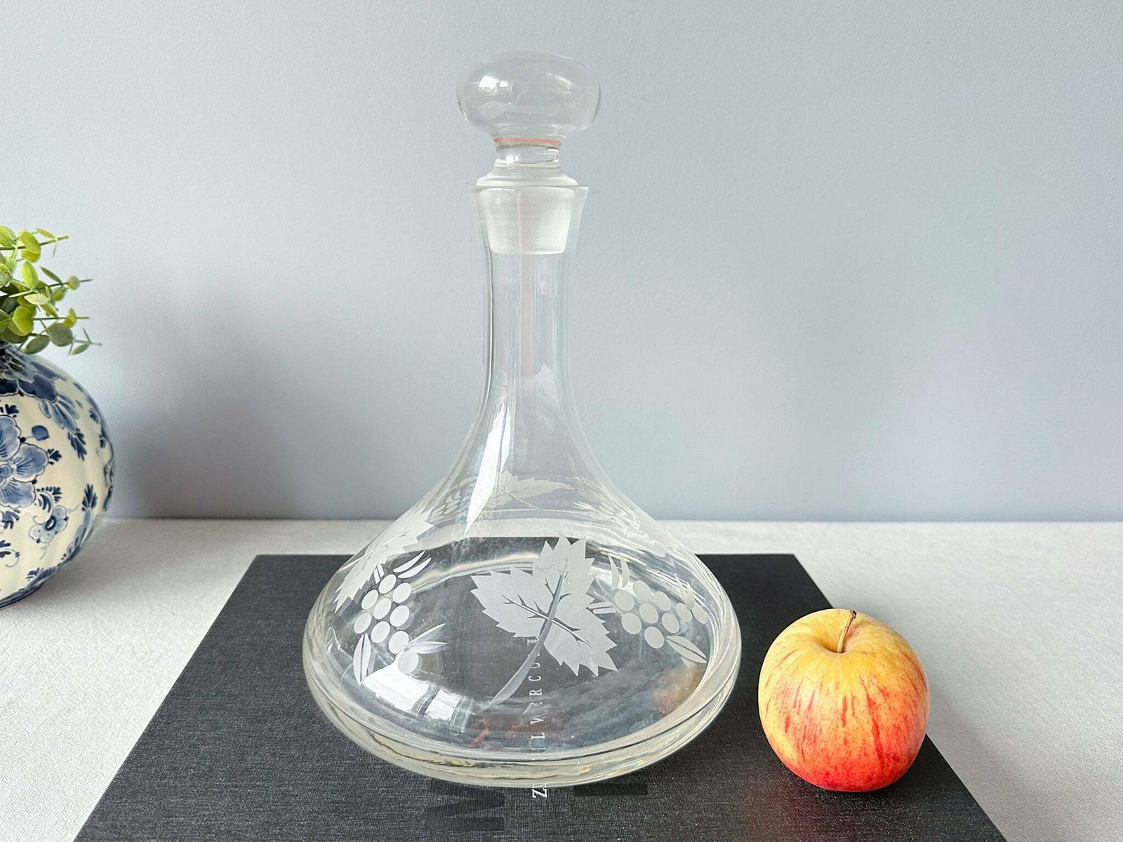 Vintage Glass Wine Decanter, Mid Century Glass Decanter, Grapes And Leaves Decor photo furniture