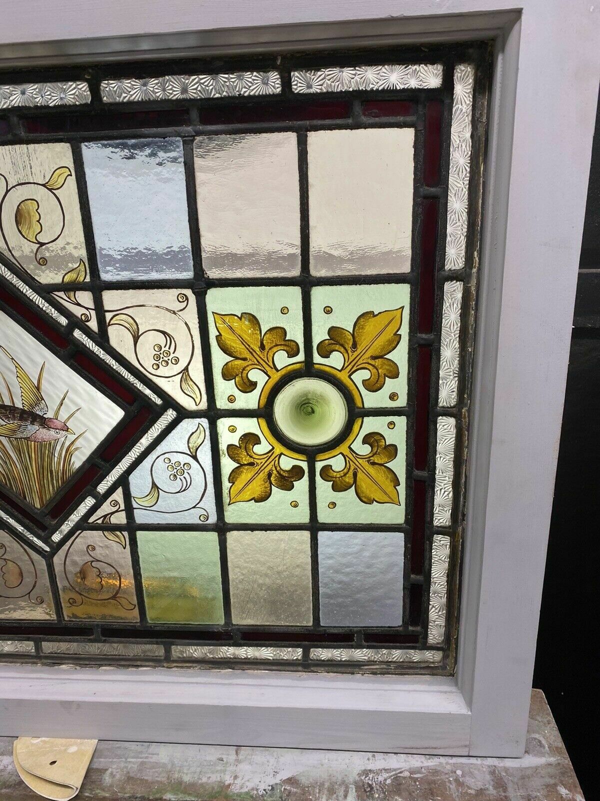 Victorian Stained Glass Hand Painted Rare Window Panel Old Restored Antique Lead photo 1175.0