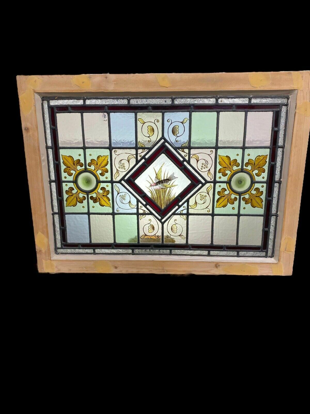 photo for sale Victorian Stained Glass Hand Painted Rare Window Panel Old Restored Antique Lead